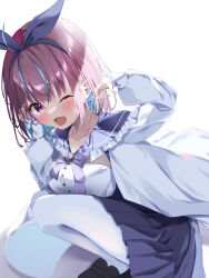 Rule 34 | 1girl, :d, absurdres, ahoge, anchor symbol, asphalt494, black footwear, blue hair, blue hairband, blue nails, blue skirt, blush, bow hairband, colored inner hair, frilled sailor collar, frills, hairband, highres, hololive, jacket, long sleeves, looking at viewer, medium hair, minato aqua, minato aqua (sailor), multicolored hair, one eye closed, open clothes, open jacket, open mouth, pantyhose, pleated skirt, purple eyes, purple hair, sailor collar, school uniform, sidelocks, simple background, skirt, smile, solo, squatting, streaked hair, two-tone hair, virtual youtuber, white background, white jacket, white pantyhose