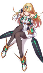 Rule 34 | 1girl, bare shoulders, black pantyhose, blonde hair, breasts, chest jewel, dress, earrings, elbow gloves, gem, gloves, green322, headpiece, highres, jewelry, large breasts, long hair, looking at viewer, mythra (massive melee) (xenoblade), mythra (xenoblade), nintendo, pantyhose, solo, super smash bros., swept bangs, tiara, tights day, very long hair, white dress, xenoblade chronicles (series), xenoblade chronicles 2, yellow eyes