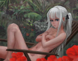 Rule 34 | 1girl, bishoujo mangekyou, bishoujo mangekyou: norowareshi densetsu no shoujo, bishoujo mangekyou (series), blue eyes, breasts, chair, covering breasts, covering privates, crossed arms, doyora, flat chest, flower, kagarino kirie, long hair, looking at viewer, lounge chair, navel, nude, outdoors, reclining, small breasts, solo, twintails, white hair