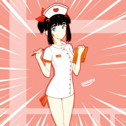 Rule 34 | 1girl, absurdres, andre rojas (srgrafo), black hair, blue eyes, blunt bangs, blush stickers, bow, breasts, chloe (srgrafo), clipboard, directional arrow hair ornament, dress, emphasis lines, hair bow, hat, highres, nurse, nurse cap, pencil, reddit, short dress, short hair with long locks, short ponytail, small breasts, smile, solo, standing, white dress