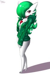 Rule 34 | 1girl, absurdres, alternate hair length, alternate hairstyle, artist name, barefoot, bottomless, breasts, cleavage, collar, collarbone, colored skin, creatures (company), drawstring, female focus, fir3born, full body, game freak, gardevoir, gen 3 pokemon, green hair, green jacket, hair over one eye, hand up, happy, heart, heart collar, highres, hood, hoodie, jacket, long hair, medium breasts, nintendo, no bra, open clothes, open jacket, parted lips, pink eyes, pokemon, pokemon (creature), signature, simple background, sleeves past wrists, smile, solo, standing, teeth, unzipped, white background, white skin, zipper pull tab