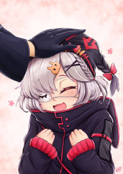 Rule 34 | 1girl, absurdres, arknights, blush, closed eyes, doctor (arknights), eyepatch, gentf, gloves, hair ornament, hairclip, hairpin, hand on another&#039;s head, hat, headpat, highres, hood, hoodie, open mouth, ponytail, popukar (arknights), short hair, silver hair, simple background, smile, swept bangs
