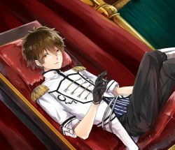 Rule 34 | 10s, 1boy, absurdres, aiguillette, bad id, bad pixiv id, black gloves, black pants, boots, brown hair, buttons, collar, curtains, dutch angle, emblem, ensemble stars!, epaulettes, evil smile, gloves, hair between eyes, highres, knee boots, crossed legs, looking at viewer, male focus, military, military uniform, morisawa chiaki, orange eyes, pants, parted lips, pillar, sanmon (mekko0929), short sleeves, sitting, sleeves rolled up, smile, solo, throne, uniform, white footwear