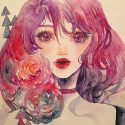 Rule 34 | 1girl, choker, commentary, conniekims, english commentary, flower, lipstick, looking at viewer, makeup, original, painting (medium), parted lips, pink flower, portrait, purple choker, purple eyes, purple hair, red lips, short hair, solo, traditional media, watercolor (medium)
