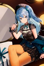 Rule 34 | anizi, black dress, black headwear, blue eyes, blue hair, blue jacket, blue ribbon, box, breasts, closed mouth, cosmetics, dress, gift, gift box, hair ornament, highres, holding, holding lipstick tube, hololive, hoshimachi suisei, hoshimachi suisei (streetwear), jacket, jewelry, lipstick tube, long hair, long sleeves, looking at viewer, mirror, nail polish, neck ribbon, o-ring, o-ring thigh strap, off shoulder, one side up, open clothes, open jacket, orange nails, orange pantyhose, pantyhose, partially unzipped, ribbon, ring, see-through, sitting, small breasts, smile, solo, star (symbol), star hair ornament, thigh strap, virtual youtuber, wrist cuffs, zipper pull tab
