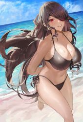 Rule 34 | 1girl, absurdres, bad id, bad pixiv id, beidou (genshin impact), bikini, black bikini, blush, breasts, brown hair, cameltoe, colored eyepatch, cozyu, eyepatch, genshin impact, grin, hair over one eye, half updo, highres, large breasts, long hair, looking at viewer, red eyes, smile, solo, swimsuit, thighs