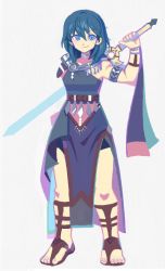 Rule 34 | 1girl, aqua hair, arm up, armlet, blue eyes, bracelet, byleth (female) (fire emblem), byleth (fire emblem), denaseey, fire emblem, fire emblem: three houses, hair between eyes, highres, holding, holding sword, holding weapon, jewelry, looking at viewer, nintendo, sandals, simple background, solo, sword, weapon, white background