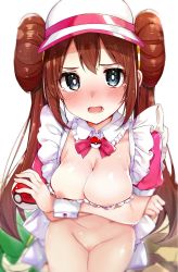 Rule 34 | blue eyes, blush, breasts, brown hair, covering breasts, covering privates, creatures (company), dress, embarrassed, female focus, frilled dress, frills, game freak, hair bun, hat, highres, large breasts, looking at viewer, nintendo, nipple slip, nipples, nude, open mouth, poke ball, pokemon, pokemon bw2, pussy, ribbon, rosa (pokemon), rouka (akatyann), single hair bun, tearing up
