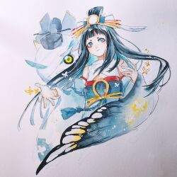 Rule 34 | 1girl, animal print, aqua eyes, aqua hair, bare shoulders, black hair, blue sash, bow, bug, butterfly, butterfly print, closed mouth, colored inner hair, commentary, copyright request, creature, cropped torso, eyeliner, facing viewer, floating hair, frying pan, hair bow, hands up, hidari (nanmu-left), highres, insect, japanese clothes, kimono, looking afar, multicolored hair, obiage, obijime, onmyouji, open hands, orange butterfly, painting (medium), reaching, reaching towards viewer, red eyeliner, sash, short eyebrows, simple background, single hair ring, solo, symbol-only commentary, topknot, traditional media, two-tone hair, watercolor (medium), white background, white bow, white butterfly, white kimono, wide sleeves