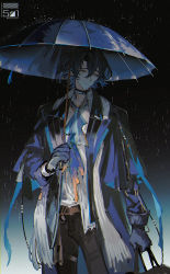 1boy arknights ascot bag black_coat black_gloves black_hair black_pants blue_ascot blue_hair closed_mouth coat commentary_request freckles gloves hair_between_eyes highres holding holding_bag holding_umbrella infection_monitor_(arknights) long_sleeves lumen_(arknights) male_focus multicolored_hair open_clothes open_coat pants pointy_ears rain shirt simple_background solo twitter_username ueauwa umbrella white_shirt