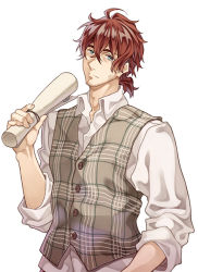 Rule 34 | 10s, 1boy, cheese kang, claudia hodgins, cowboy shot, facial hair, looking at viewer, ponytail, red hair, scroll, shirt, sleeves rolled up, stubble, vest, violet evergarden, violet evergarden (series)