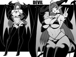Rule 34 | abs, absurdres, bare shoulders, bikini, blunt bangs, breasts, chest tattoo, choker, cleavage, collarbone, demon girl, demon horns, demon wings, hand up, hands on own hips, highres, horns, large breasts, long hair, monochrome, narrowed eyes, navel, open mouth, original, pointy ears, smile, solo, swimsuit, tattoo, thighhighs, thighs, tongue, tongue out, v, wings, yones81239278