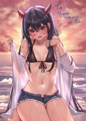 Rule 34 | 1girl, akuma nihmune, arenoyoni, beach, bikini, black bikini, blue shorts, blush, breasts, breasts apart, cloud, cloudy sky, commission, demon girl, demon horns, denim, denim shorts, ear piercing, embarrassed, foaming waves, front-tie bikini top, front-tie top, hair between eyes, hands up, horizon, horns, indie virtual youtuber, looking at viewer, medium breasts, navel, ocean, off shoulder, open clothes, open fly, open mouth, open shorts, outdoors, piercing, purple hair, red eyes, seiza, shirt, short shorts, shorts, sitting, skeb commission, sky, solo, stomach, sunset, swimsuit, virtual youtuber, water, wet, white shirt