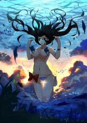Rule 34 | 1girl, :o, baisi shaonian, bikini, black hair, bow, breasts, bubble, censored, censored nipples, cloud, convenient censoring, fish, fish censor, grass, green eyes, highres, long hair, navel, ocean, original, solo, striped bikini, striped clothes, sunset, swimsuit, topless, underwater, water