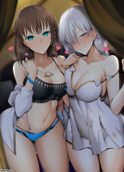 Rule 34 | 2girls, anastasia (fate), anastasia (swimsuit archer) (fate), anastasia (swimsuit archer) (second ascension) (fate), bare shoulders, bikini, black bikini, blue bikini, blue eyes, blush, braid, breasts, brown hair, charlotte corday (fate), charlotte corday (swimsuit caster) (fate), charlotte corday (swimsuit caster) (first ascension) (fate), cleavage, collarbone, dress, dress swimsuit, fate/grand order, fate (series), green eyes, grin, hair over one eye, heart, highres, jacket, jewelry, large breasts, long hair, long sleeves, looking at viewer, mismatched bikini, multiple girls, navel, necklace, off shoulder, pendant, short hair, side braid, silver hair, smile, swimsuit, thighs, twin braids, unadon, very long hair, white dress, white jacket