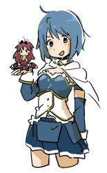 Rule 34 | 2girls, :d, ahoge, arm at side, black bow, blue eyes, blue hair, blue skirt, blush, bow, cape, carrying, cowboy shot, cropped legs, dot nose, dress, eating, food, frills, gloves, hair bow, hand up, hands up, holding, holding food, in palm, long hair, looking at viewer, magical girl, mahou shoujo madoka magica, mahou shoujo madoka magica (anime), mebachi, miki sayaka, mini person, minigirl, miniskirt, multiple girls, no mouth, no nose, no pupils, open hands, open mouth, pleated skirt, ponytail, red dress, red hair, sakura kyoko, short hair, simple background, sketch, skirt, smile, standing, swept bangs, taiyaki, tareme, wagashi, white background, white cape, white gloves, wide ponytail