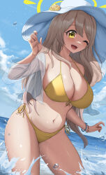 Rule 34 | 1girl, absurdres, bikini, blue archive, blue sky, breasts, cloud, collared shirt, day, dress shirt, dutch angle, front-tie bikini top, front-tie top, green eyes, grey hair, halo, hat, highres, horizon, large breasts, nonomi (blue archive), nonomi (swimsuit) (blue archive), ocean, open clothes, open shirt, outdoors, pecopecoro, shirt, side-tie bikini bottom, sky, smile, solo, sun hat, swimsuit, wading, water, white hat, white shirt, yellow bikini, yellow halo