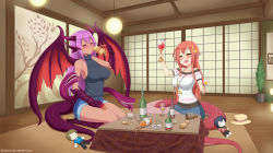 Rule 34 | 10s, 2girls, :d, alcohol, animal hands, backless dress, backless outfit, bare shoulders, blush, bottle, breasts, claws, closed eyes, commission, covered erect nipples, crossover, cup, dark-skinned female, dark skin, doll, dragon girl, dress, drinking, drinking glass, drunk, extra mouth, fang, glass, hair ornament, hairclip, hat, horns, jabberwock (monster girl encyclopedia), jewelry, kainkout, kotatsu, lamia, large breasts, long hair, long tongue, miia (monster musume), monster girl, monster girl encyclopedia, monster musume no iru nichijou, multiple girls, necklace, open mouth, pointy ears, purple hair, red hair, scales, seiza, shouji, sideboob, sitting, sliding doors, slit pupils, smile, spilling, sweater, table, tongue, tongue out, turtleneck, turtleneck sweater, unworn hat, unworn headwear, very long hair, wine, wine bottle, wine glass, wings, yellow eyes
