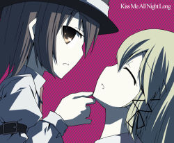 Rule 34 | 2girls, akakage red, arm belt, blonde hair, brown eyes, brown hair, english text, closed eyes, female focus, ghostly field club, grabbing another&#039;s chin, hand on another&#039;s chin, hat, long hair, maribel hearn, multiple girls, red (artist), ribbon, short hair, striped, striped background, touhou, usami renko