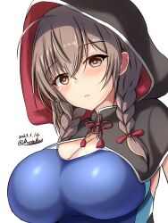 Rule 34 | 1girl, black capelet, blue one-piece swimsuit, braid, breasts, brown eyes, brown hair, capelet, cleavage, competition school swimsuit, competition swimsuit, dated, highres, hood, hood up, hooded capelet, kantai collection, large breasts, montemasa, one-piece swimsuit, school swimsuit, shinshuu maru (kancolle), simple background, solo, swimsuit, swimsuit under clothes, twin braids, twitter username, upper body, white background
