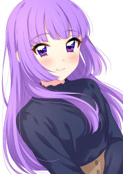 Rule 34 | 1girl, absurdres, aikatsu!, aikatsu! (series), black sweater, blush, closed mouth, highres, hikami sumire, long hair, long sleeves, looking at viewer, purple eyes, purple hair, sekina, simple background, smile, solo, sweater, upper body, white background