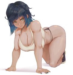 Rule 34 | 1girl, absurdres, all fours, alterlesott, ass, bent over, blue hair, breasts, cleavage, clothing cutout, crop top, earrings, genshin impact, green eyes, hanging breasts, highres, jewelry, large breasts, looking at viewer, muscular, muscular female, nail polish, navel cutout, shoes, simple background, sneakers, solo, tank top, thick thighs, thighs, thong, white background, yelan (genshin impact)