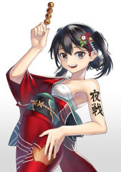 Rule 34 | 1girl, :d, armpits, bare shoulders, black background, black hair, body writing, brown eyes, character name, commentary request, copyright name, dango, floral print, food, full body, gradient background, grey background, hadanugi dousa, hair between eyes, hand on own hip, highres, holding, holding food, japanese clothes, kantai collection, kimono, long hair, long sleeves, official alternate costume, open clothes, open kimono, open mouth, print kimono, red kimono, rlyo (ryo relation), sendai (kancolle), simple background, skewer, smile, solo, tabi, takoyaki, transparent background, two side up, wagashi, wide sleeves