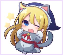 Rule 34 | 1girl, animal costume, bell, blonde hair, blue eyes, border, cat costume, chibi, full body, hat, jingle bell, long hair, looking at viewer, one eye closed, paw pose, puyopuyo, red ribbon, red sash, ribbon, sash, shiohachi, solo, very long hair, white background, witch (puyopuyo), wizard hat