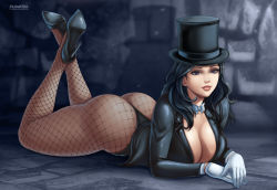 Rule 34 | 1girl, ass, black eyes, black footwear, black hair, black jacket, black leotard, bow, bowtie, breasts, cleavage, collarbone, commentary, crossed legs, dc comics, english commentary, eyebrows, fishnet pantyhose, fishnets, flowerxl, gloves, hat, high heels, highleg, highleg leotard, jacket, large breasts, leotard, lying, magician, on stomach, open mouth, own hands together, pantyhose, parted lips, red lips, shadow, solo, teeth, thighs, top hat, western comics (style), white bow, white bowtie, white gloves, zatanna zatara