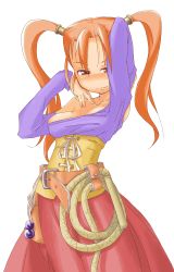 Rule 34 | 1girl, bare shoulders, belt, blush, breasts, cleavage, corset, dragon quest, dragon quest viii, dress, jessica albert, long hair, medium breasts, naughty face, no bra, orange eyes, orange hair, purple shirt, red hair, shirt, skirt, smile, solo, square enix, strapless, strapless dress, twintails, underbust, whip, white background, yomi (artist)