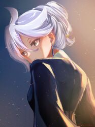 Rule 34 | 1girl, ahoge, commentary, earrings, formal, gradient background, grey eyes, gundam, gundam suisei no majo, highres, jewelry, looking down, miorine rembran, portrait, signature, solo, suit, symbol-only commentary, white hair, xin (blueramen)