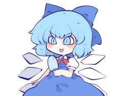 Rule 34 | 1girl, :p, bare arms, blue bow, blue dress, blue eyes, blue hair, blush, bow, chahan (fried rice0614), cirno, dress, food, hair bow, holding, holding food, holding popsicle, ice, ice wings, popsicle, puffy short sleeves, puffy sleeves, short hair, short sleeves, simple background, slit pupils, smile, solo, tongue, tongue out, touhou, v-shaped eyebrows, white background, wings
