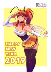 Rule 34 | 1girl, 2019, antennae, arthropod girl, bare shoulders, bent over, boots, breasts, choker, cleavage, collarbone, commentary, dated, doctor zexxck, english commentary, gloves, green eyes, hair between eyes, happy new year, looking at viewer, medium breasts, new year, orange hair, original, pointy ears, ponytail, skirt, solo, thigh boots, thighhighs, wings