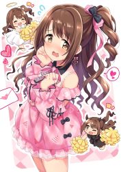 Rule 34 | angel and devil, black dress, blush, bow, bowtie, breasts, brown eyes, brown hair, clenched hands, closed eyes, collared dress, commentary request, dekosuke, demon horns, dress, earrings, frills, hair bow, hair ribbon, halo, hands up, heart, heart earrings, highres, horns, idolmaster, idolmaster cinderella girls, idolmaster cinderella girls starlight stage, jewelry, letter, long hair, long sleeves, looking at another, love letter, medium breasts, mini person, minigirl, multiple persona, one eye closed, open mouth, pink background, pink bow, pink dress, pom pom (cheerleading), ribbon, shimamura uzuki, side ponytail, sideways glance, strapless, strapless dress, teeth, thighs, upper teeth only, wavy hair, wavy mouth, white dress