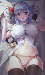 Rule 34 | 1girl, absurdres, ako (blue archive), bell, black gloves, black thighhighs, blue archive, blue eyes, blue hair, blush, breasts, brown panties, commentary request, didi (didi h3), earrings, gloves, hair ribbon, half gloves, highres, jewelry, large breasts, looking at viewer, lying, no pants, on back, open mouth, panties, pillow, red ribbon, ribbon, shirt, short hair, sideboob, solo, stud earrings, sweatdrop, thighhighs, underwear, white shirt