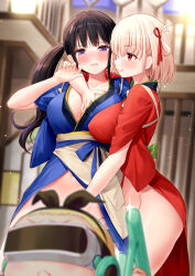 Rule 34 | 3girls, :q, alternate breast size, arms around neck, assertive female, blue kimono, blunt bangs, blurry, blush, breast press, breasts, cleavage, collarbone, commentary request, convenient censoring, depth of field, embarrassed, eyelashes, glint, grabbing, grabbing another&#039;s breast, hair between eyes, hair ribbon, hands up, highres, hug, inoue takina, japanese clothes, kimono, large breasts, light particles, long hair, lycoris recoil, multiple girls, navel, nishikigi chisato, nose blush, one side up, open mouth, partial commentary, profile, public indecency, purple eyes, red eyes, red kimono, red ribbon, ribbon, short hair, sidelocks, silveroid, stomach, symmetrical docking, thighs, tongue, tongue out, twintails, v-shaped eyebrows, wavy mouth, yuri
