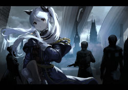Rule 34 | 2boys, 2girls, blurry, bow, capelet, cigarette, city, dark, depth of field, gloves, gun, hair bow, hair bun, highres, koruse, letterboxed, long hair, looking at viewer, looking to the side, military, military uniform, multiple boys, multiple girls, original, outdoors, red eyes, rifle, scope, silver hair, single hair bun, smoking, soldier, twintails, uniform, weapon