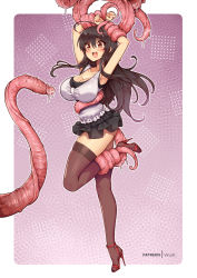 Rule 34 | 1girl, :d, armpits, arms up, black hair, black skirt, blush, border, breasts, brown eyes, cleavage, commentary, english commentary, full body, high heels, kotegawa yui, large breasts, long hair, microskirt, miniskirt, open mouth, penis tentacle, red footwear, restrained, skirt, smile, solo, standing, standing on one leg, strappy heels, tank top, tentacles, thighhighs, to love-ru, toeless footwear, uncensored, virus-g, white border, white tank top