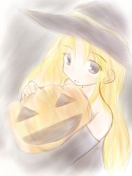 Rule 34 | 1girl, bare shoulders, blonde hair, deneb rove, dress, elbow gloves, eyelashes, food, gloves, graphite (medium), hat, holding, holding food, holding pumpkin, holding vegetable, jack-o&#039;-lantern, kazuo, long hair, looking at viewer, pumpkin, purple eyes, purple gloves, purple hat, solo, strapless, strapless dress, tactics ogre, traditional media, vegetable, witch, witch hat