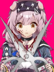 Rule 34 | absurdres, animal ears, arknights, black hairband, blood, blood on face, bloody weapon, blue bow, bow, braid, cat ears, coat, collar, collarbone, crying, crying with eyes open, empty eyes, goldenglow (arknights), hair bow, hairband, highres, huge weapon, lightning bolt print, long hair, long sleeves, looking at viewer, open clothes, open coat, open mouth, pink background, pink hair, sandianshuide rain, scissors, shirt, side braid, simple background, solo, tears, upper body, weapon, white shirt, yandere, yellow eyes