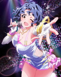 Rule 34 | 10s, 1girl, ;d, artist request, blue hair, bracelet, breasts, brown eyes, card (medium), fingerless gloves, gloves, glowstick, idolmaster, idolmaster million live!, jewelry, large breasts, looking at viewer, lots of jewelry, microphone, million dreams (idolmaster), necklace, official art, one eye closed, open mouth, smile, solo, toyokawa fuka, wink