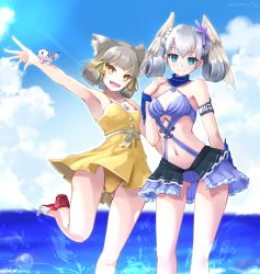 Rule 34 | 2girls, absurdres, animal ears, blunt bangs, breasts, cat ears, chest jewel, crossover, dress swimsuit, grey hair, head wings, highres, kuro (be ok), melia antiqua, multiple girls, nia (fancy sundress) (xenoblade), nia (xenoblade), o-ring, one-piece swimsuit, ribbed swimsuit, short hair, small breasts, swimsuit, wings, xenoblade chronicles (series), xenoblade chronicles 1, xenoblade chronicles 2, yellow eyes, yellow one-piece swimsuit