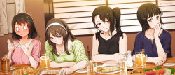 Rule 34 | 0 0, 4girls, afterimage, ashigara (kancolle), blurry, blush, bottle, breasts, brown eyes, brown hair, chopsticks, cleavage, commentary request, cup, fish (food), food, full-face blush, glass, haguro (kancolle), hair ornament, hairband, hairclip, highres, jewelry, kantai collection, mamezara, medium breasts, multiple girls, myoukou (kancolle), nachi (kancolle), necklace, nikuoji, plate, sakazuki, sake bottle, sashimi, side ponytail, smile, translation request, twitter username, waving
