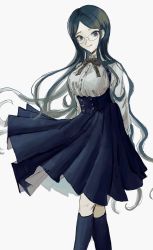 Rule 34 | 1girl, absurdres, arms behind back, black skirt, black socks, blue eyes, blue hair, bow, bowtie, breasts, buttons, closed mouth, danganronpa (series), danganronpa v3: killing harmony, double-breasted, feet out of frame, glasses, high-waist skirt, highres, jacket, kneehighs, large breasts, long hair, long sleeves, looking at viewer, parted bangs, pleated skirt, red bow, sema (vivaviva 02), shirogane tsumugi, shirt, shirt tucked in, simple background, skirt, smile, socks, solo, suspender skirt, suspenders, very long hair, white background, white shirt