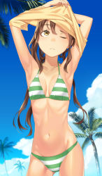 Rule 34 | 1girl, ;&lt;, armpits, arms up, bad id, bad pixiv id, bikini, blue sky, breasts, brown hair, closed mouth, clothes lift, cloud, cloudy sky, collarbone, contrapposto, cowboy shot, day, gluteal fold, green bikini, highres, kimura (ykimu), long hair, looking up, navel, original, outdoors, palm tree, shirt lift, shirt over head, simple background, sky, small breasts, solo, standing, striped bikini, striped clothes, swimsuit, tree, twintails, undressing, white background, yellow eyes