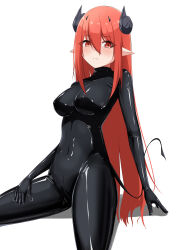 Rule 34 | 1girl, absurdres, black bodysuit, bodysuit, breasts, covered navel, dragon girl, dragon horns, hand on own thigh, highres, hiuyec, horns, latex, latex bodysuit, long hair, looking at viewer, medium breasts, original, pointy ears, red eyes, red hair, shiny clothes, sitting, skin tight, solo, tail, white background
