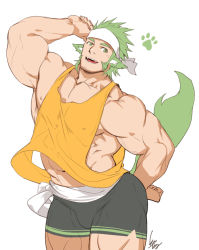 Rule 34 | 1boy, animal ears, bara, bare shoulders, beard, biceps, black shorts, boxers, bulge, character request, check character, check copyright, clothes lift, copyright request, covered erect nipples, cowboy shot, dolphin shorts, facial hair, fox boy, fox ears, fox tail, gomtang, green hair, headband, large pectorals, leaning back, pectoral cleavage, male focus, male underwear, mature male, midriff peek, muscular, muscular male, navel, nipples, orange tank top, pectorals, shirt lift, short hair, shorts, sideburns, sidepec, smile, solo, stubble, tail, tank top, thick thighs, thighs, underwear, wind