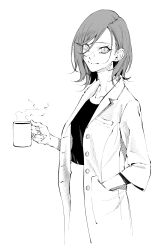 Rule 34 | 1girl, absurdres, commentary request, cowboy shot, cup, earrings, greyscale, hand in pocket, highres, holding, holding cup, jewelry, lab coat, looking at viewer, medium hair, monochrome, original, simple background, smile, solo, steam, stud earrings, vice (kuronekohadokoheiku)