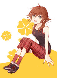 Rule 34 | 1girl, bare shoulders, black shirt, blouse, breasts, brown hair, capri pants, full body, green eyes, hair between eyes, kingdom hearts, kingdom hearts iii, looking at viewer, olette, pants, red socks, shirt, shoes, sitting, small breasts, smile, socks, solo