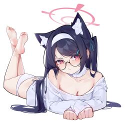 Rule 34 | 1girl, absurdres, alternate costume, animal ear fluff, animal ears, ass, barefoot, bespectacled, black-framed eyewear, black hair, blue archive, blush, breasts, cat ears, cleavage, closed mouth, collarbone, extra ears, fang, glasses, hairband, halo, highres, large breasts, long hair, long sleeves, lying, on stomach, painterliuhao, panties, pink halo, red eyes, serika (blue archive), simple background, soles, solo, sweater, the pose, toes, twintails, underwear, white background, white hairband, white panties, white sweater